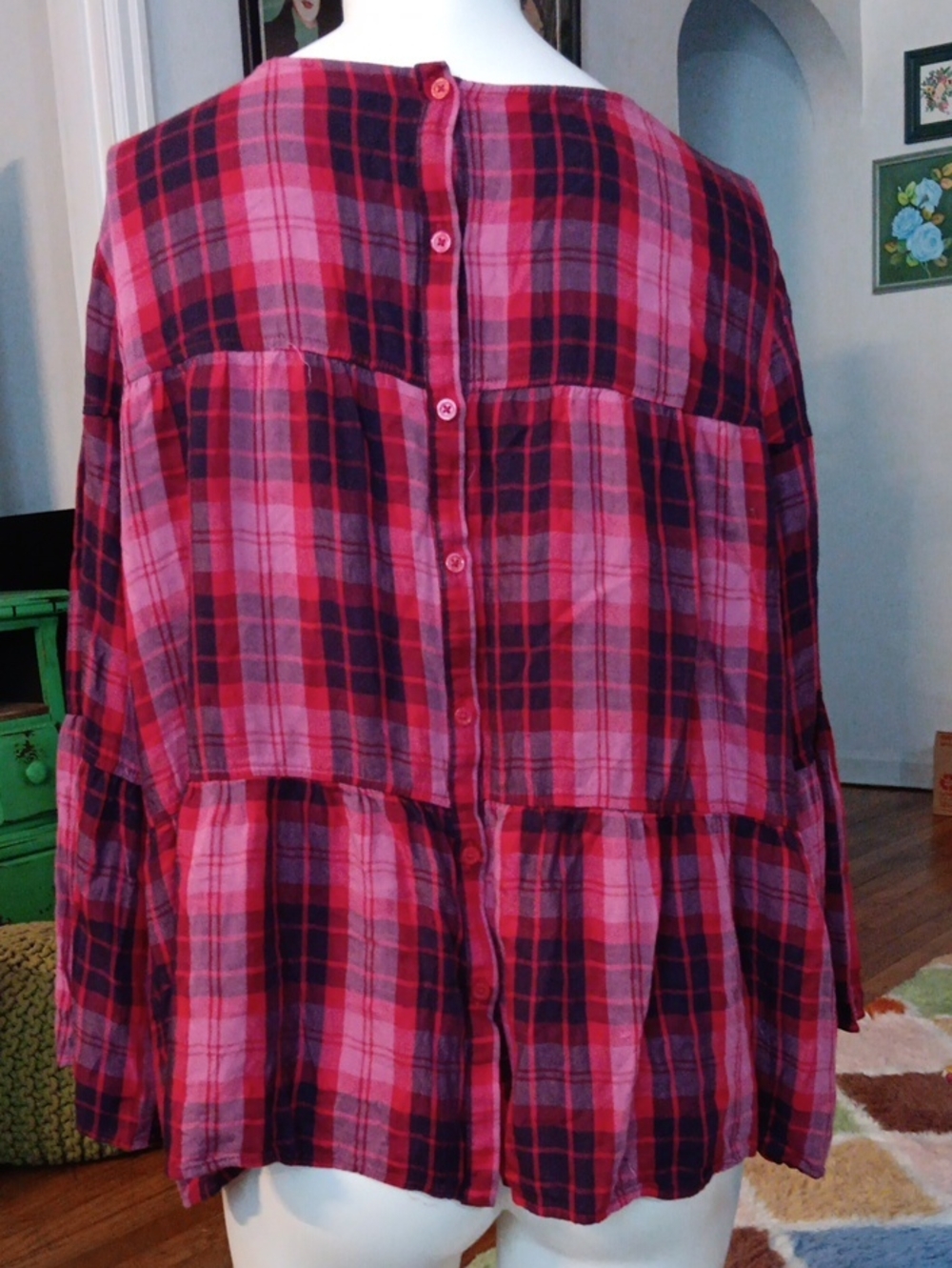 🎆a.n.a Pink and Black Plaid Tiered Peasant Tunic🎆 3/$15 - Picture 4 of 5